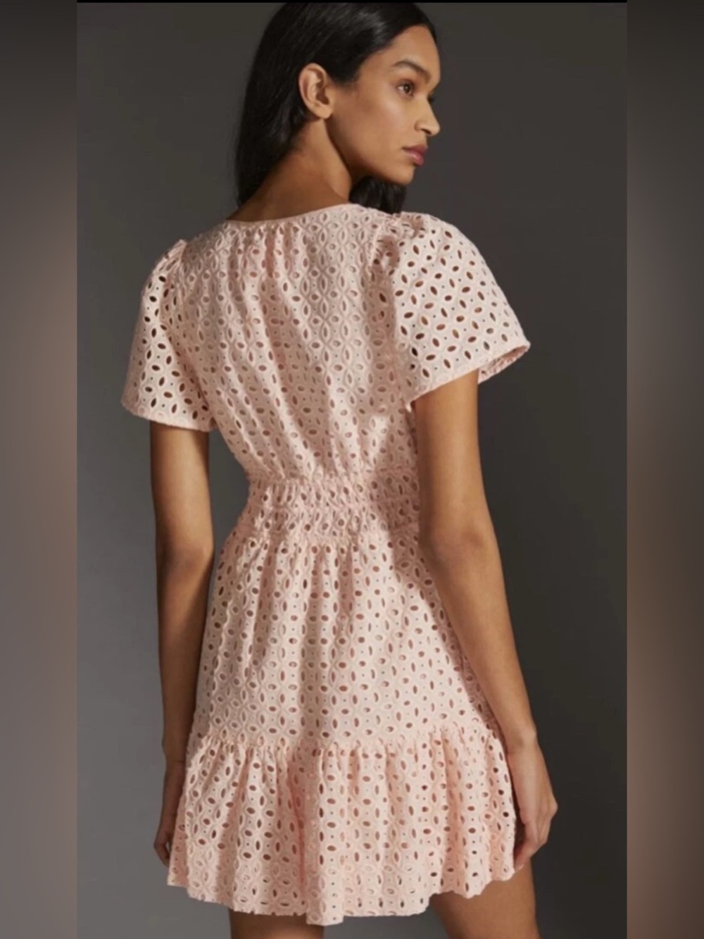 Anthropologie Eyelet Short-Sleeve Mini Dress in Blush Pink Peach color S